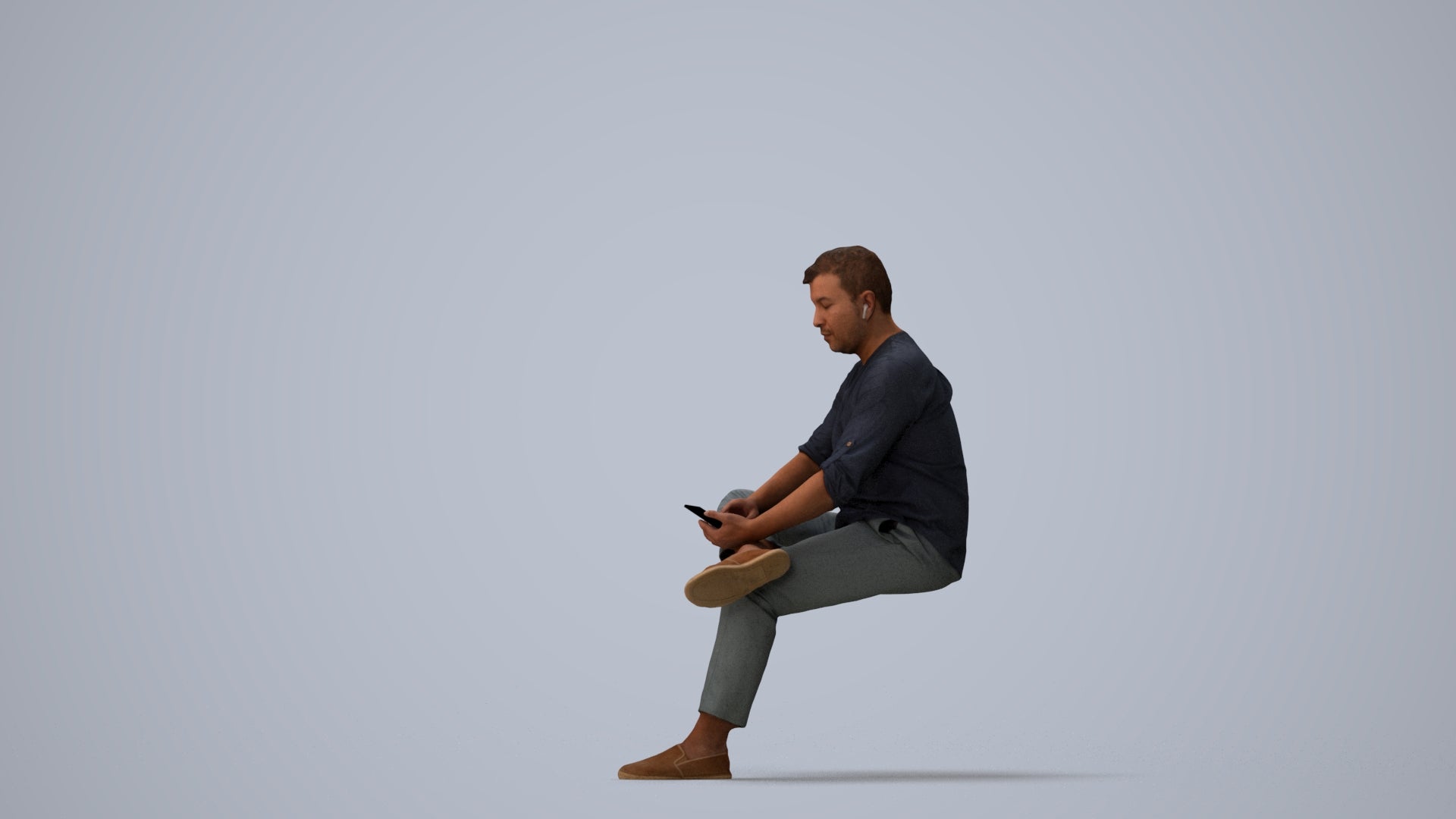 scanned 3D man casual sitting, photogrammetry people for Enscape and V-Ray, three-quarter view render
