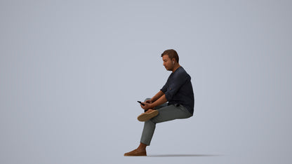 scanned 3D man casual sitting, photogrammetry people for Enscape and V-Ray, three-quarter view render