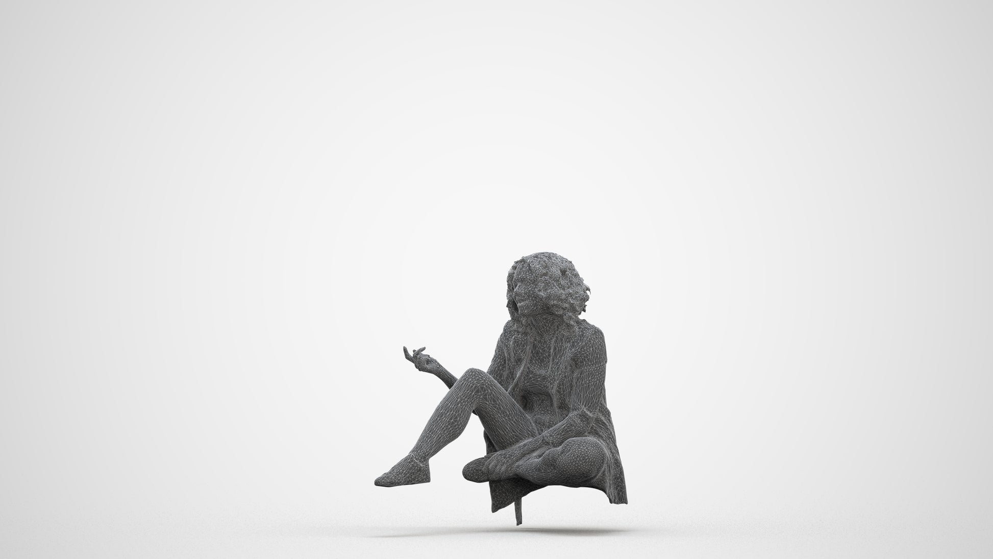 3D human model woman business sitting, photogrammetry scanned person for archviz, three-quarter front view render