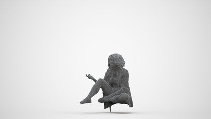 3D human model woman business sitting, photogrammetry scanned person for archviz, three-quarter front view render