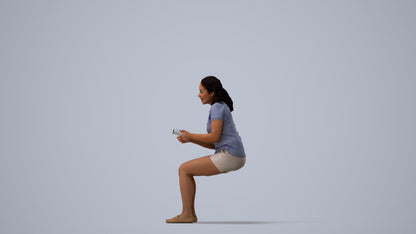 realistic 3D human woman casual sitting, archviz people FBX OBJ for Blender, three-quarter view render