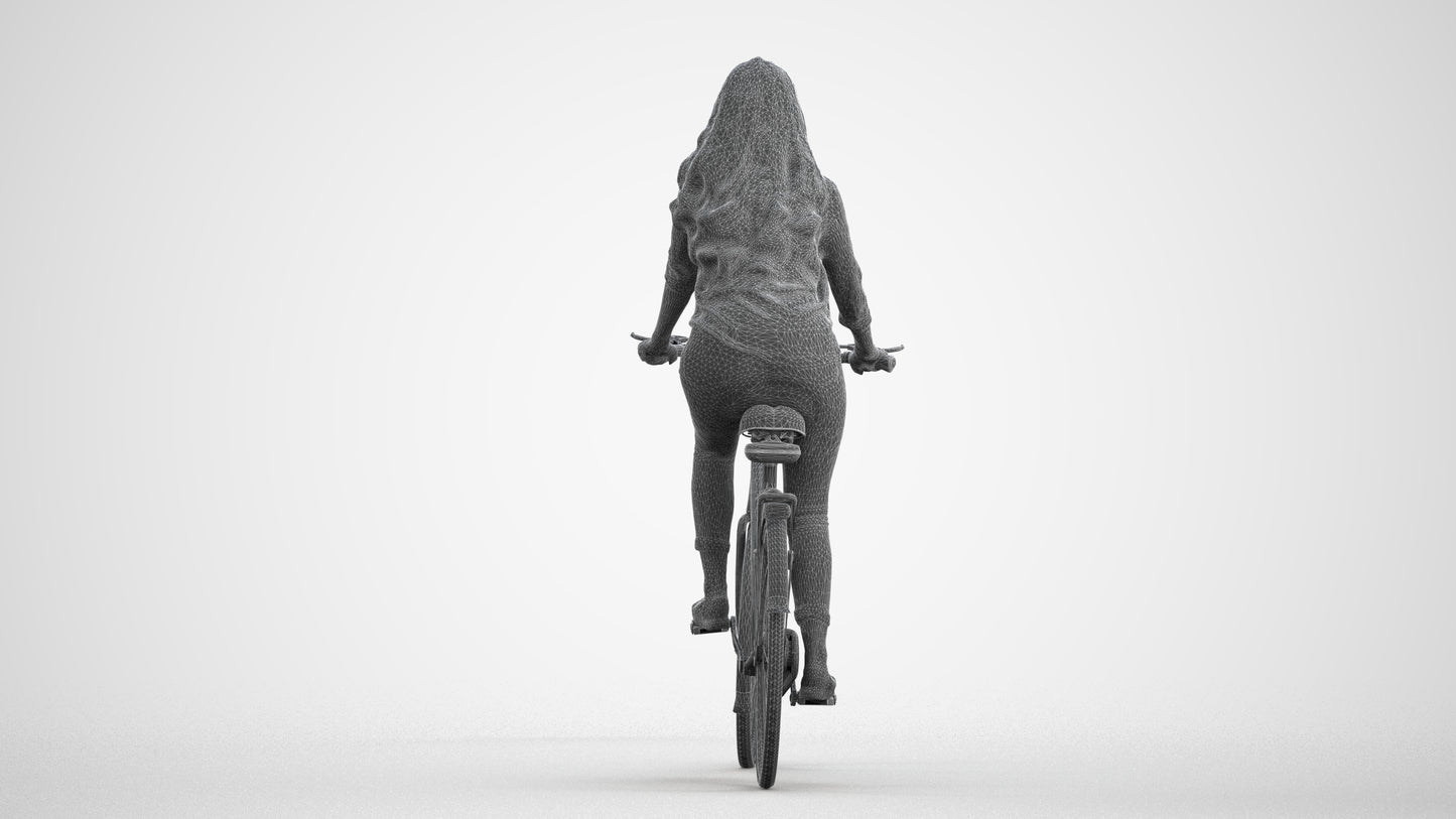 3D scanned woman cycling, photorealistic archviz people for Enscape and SketchUp, wireframe front view