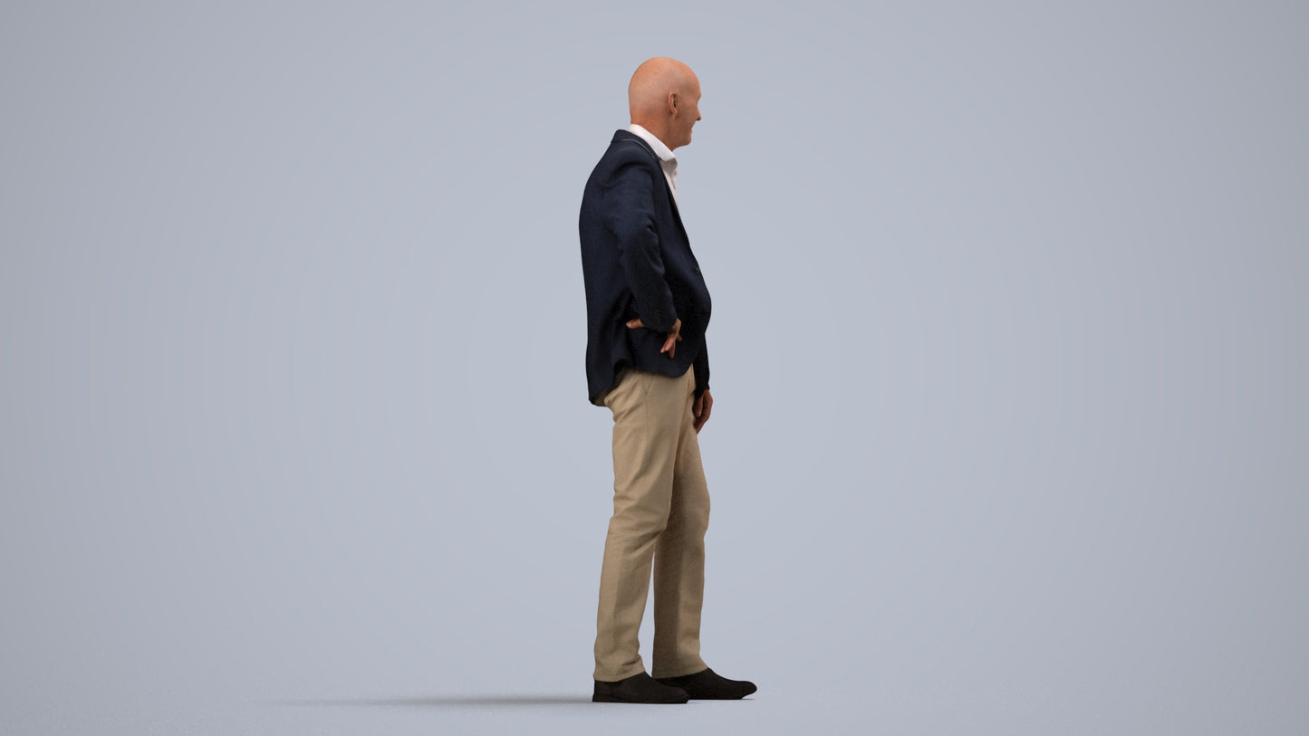 realistic 3D senior man business, scanned archviz people for Blender and 3ds Max, side view render