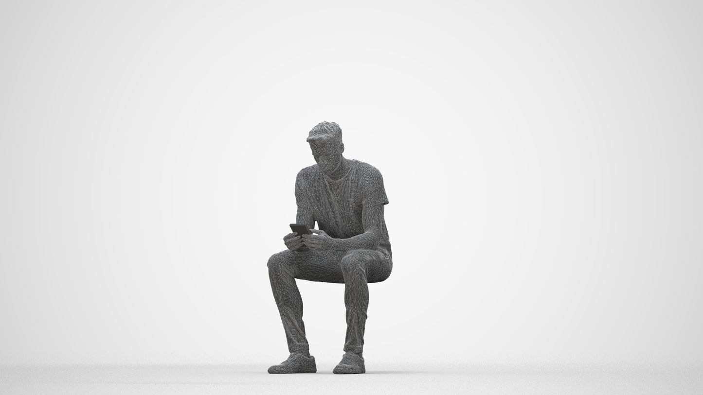 3D scanned man sitting casual, photorealistic archviz people for Enscape and SketchUp, wireframe back view