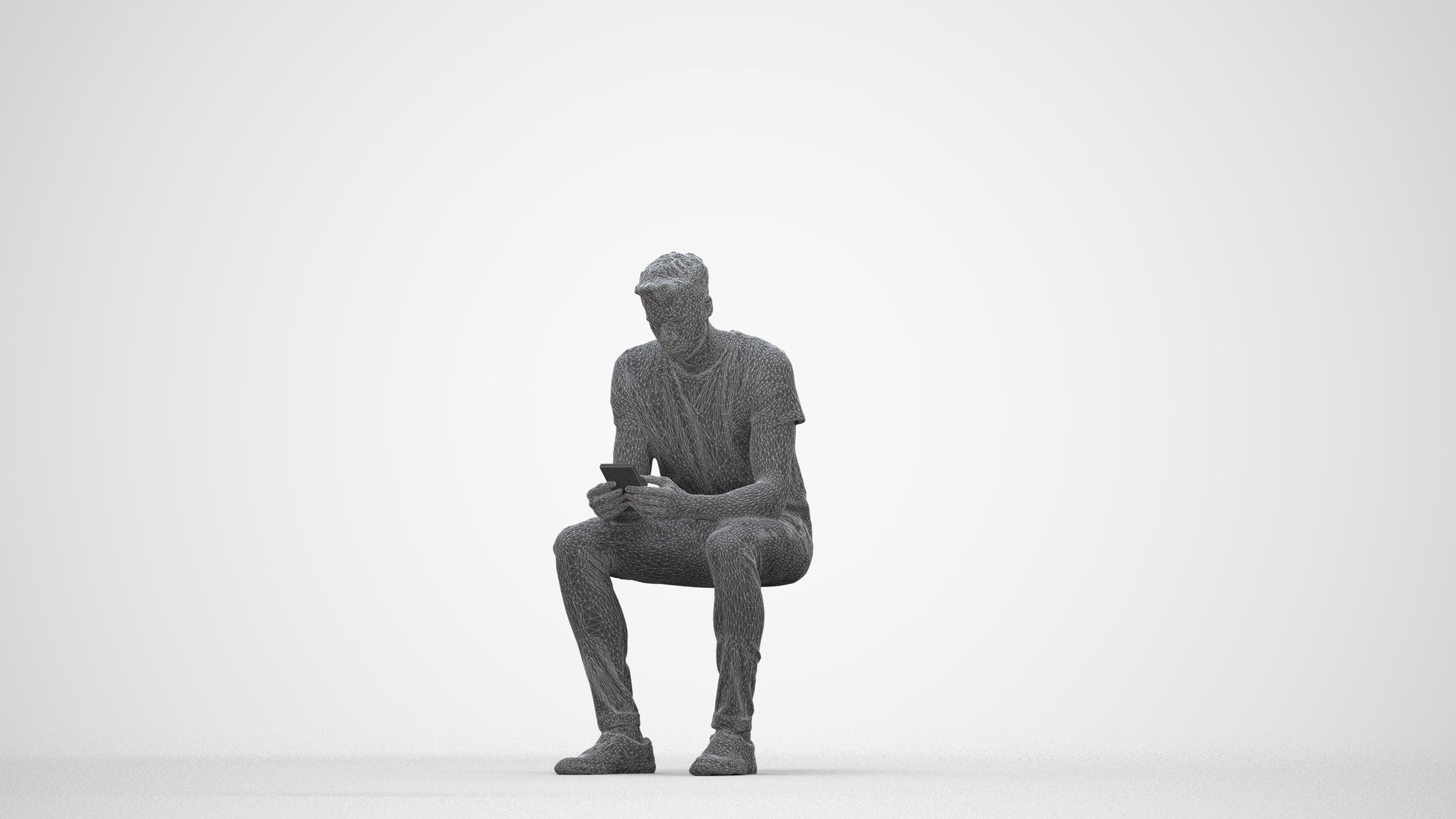 3D scanned man sitting casual, photorealistic archviz people for Enscape and SketchUp, wireframe back view