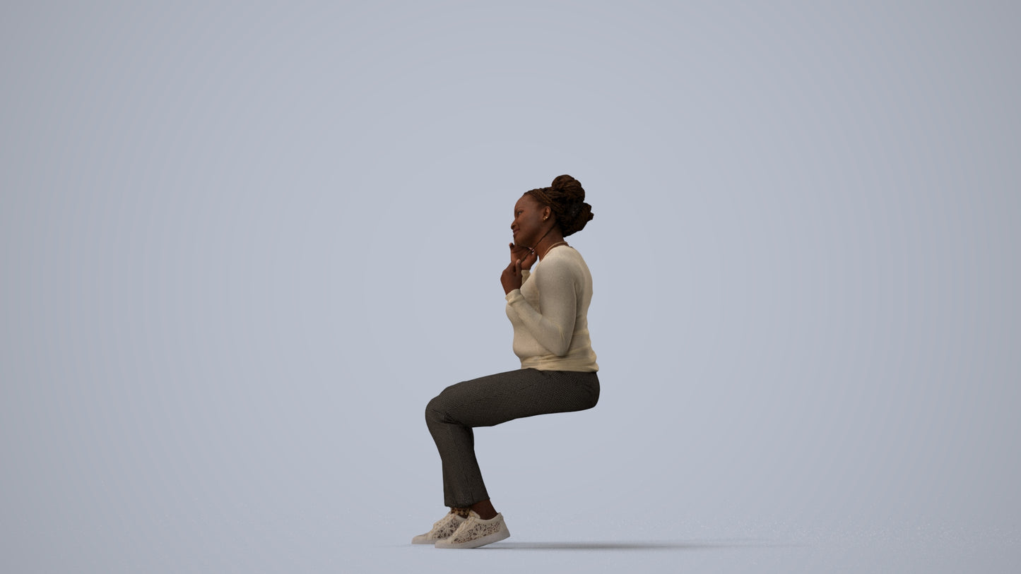 scanned 3D woman casual sitting, photogrammetry people for Enscape and V-Ray, three-quarter view render