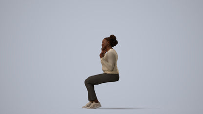scanned 3D woman casual sitting, photogrammetry people for Enscape and V-Ray, three-quarter view render