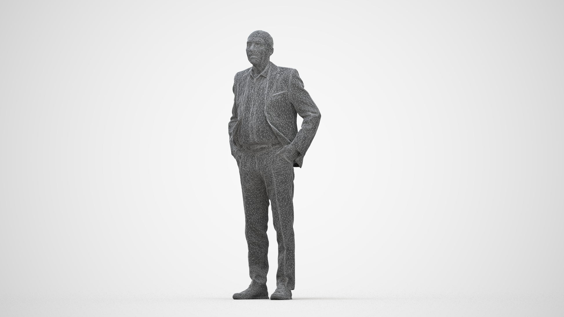 scanned 3D senior man business standing, photogrammetry people for Enscape and V-Ray, wireframe back view