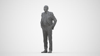 scanned 3D senior man business standing, photogrammetry people for Enscape and V-Ray, wireframe back view