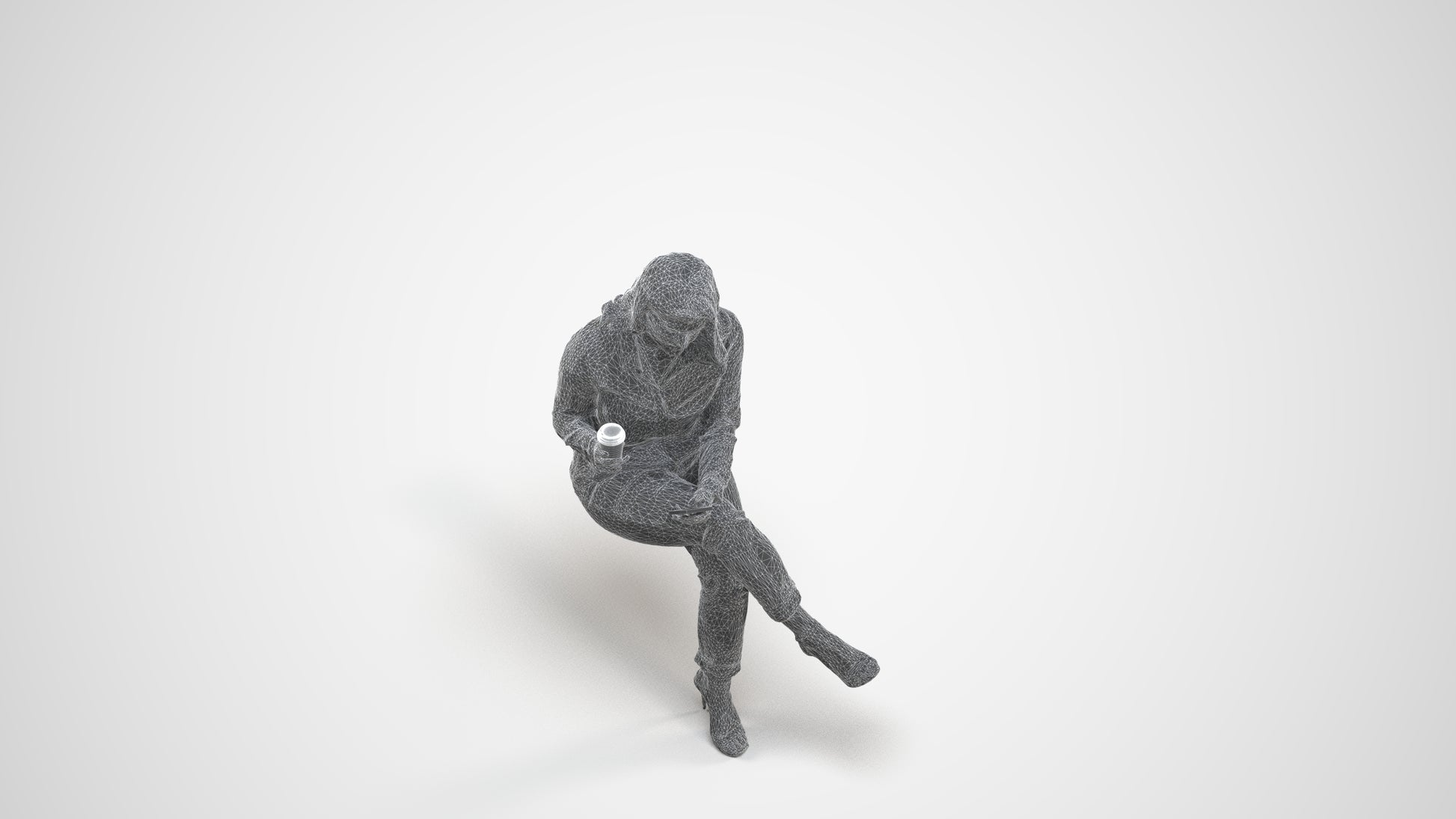 scanned 3D woman casual sitting, photogrammetry people for Enscape and V-Ray, wireframe three-quarter view