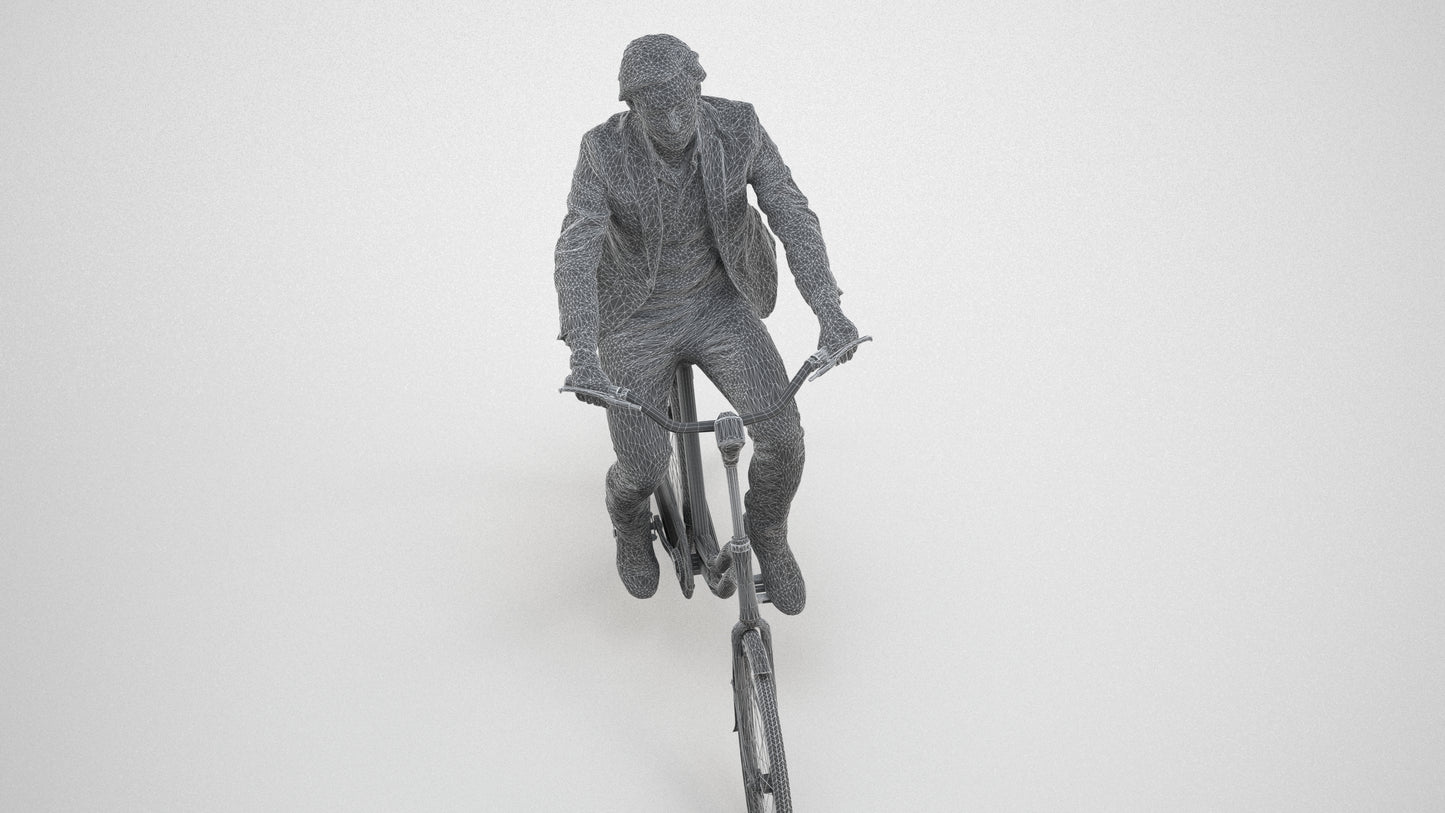 scanned 3D man business cycling, photogrammetry people for Enscape and V-Ray, wireframe three-quarter view
