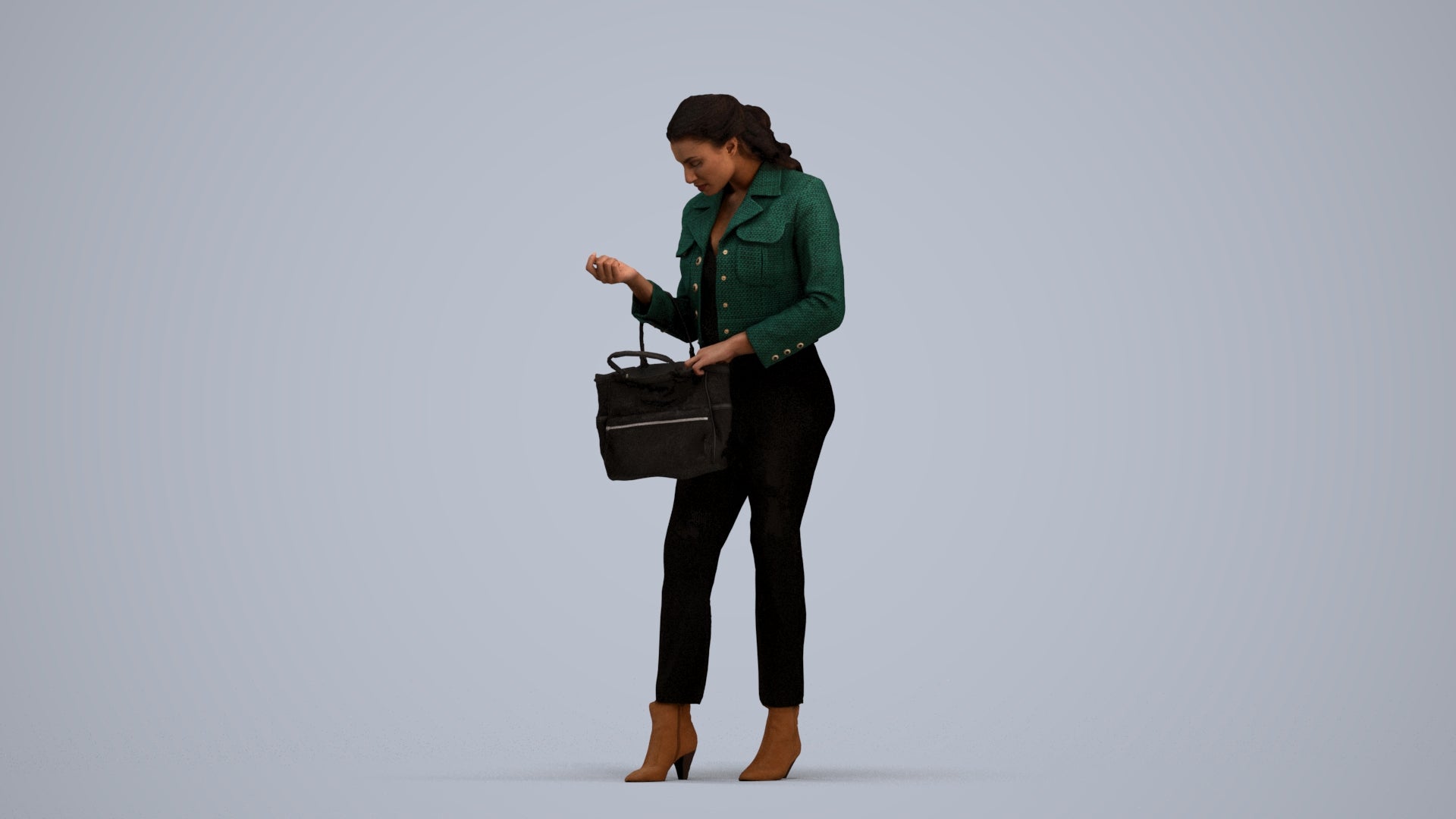 realistic 3D woman business standing, scanned archviz people for Blender and 3ds Max, standing pose render
