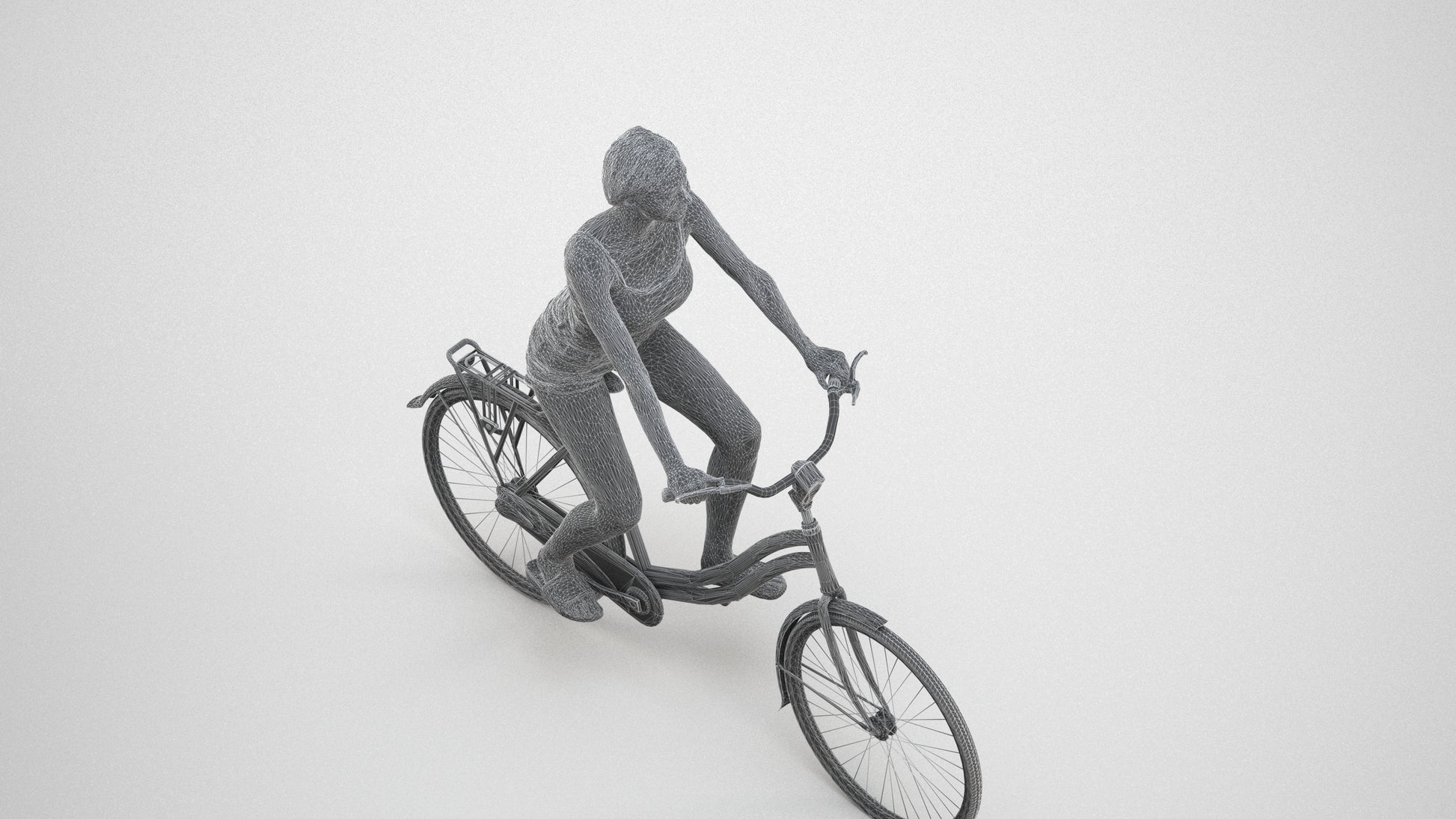 3D human model woman casual cycling, photogrammetry scanned person for archviz, wireframe three-quarter view