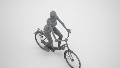 3D human model woman casual cycling, photogrammetry scanned person for archviz, wireframe three-quarter view