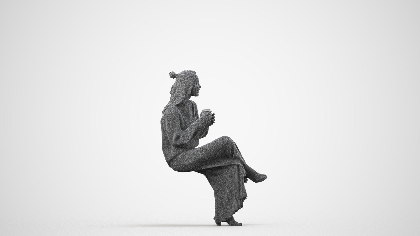 realistic 3D people woman casual sitting, render-ready for V-Ray and Corona, FBX OBJ, wireframe side view