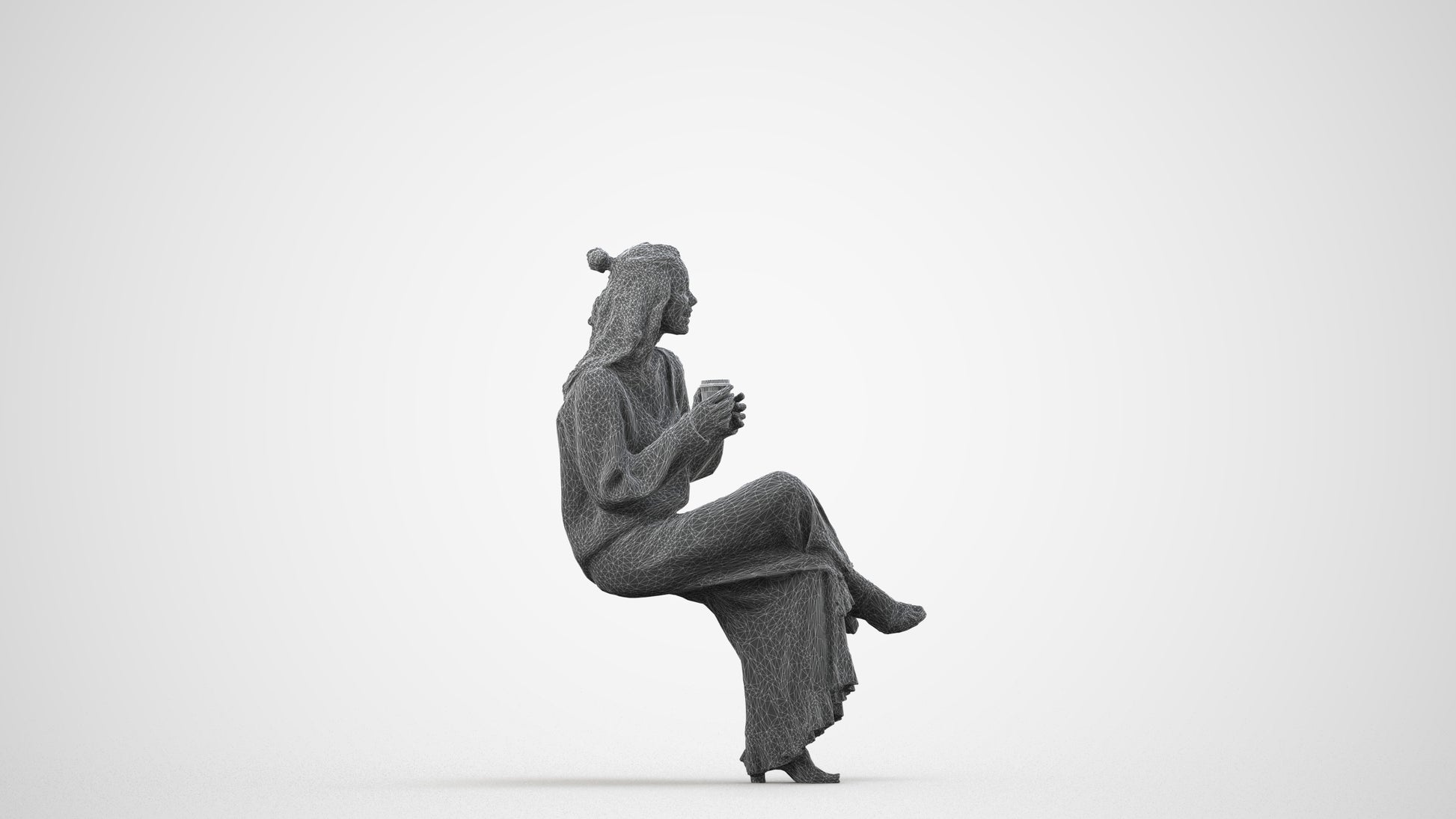 realistic 3D people woman casual sitting, render-ready for V-Ray and Corona, FBX OBJ, wireframe side view