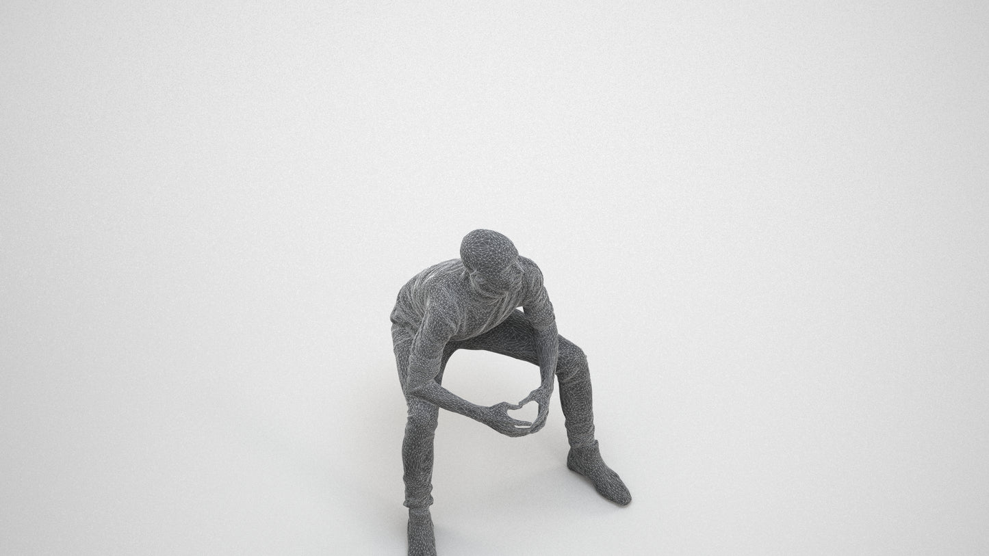 realistic 3D human man casual sitting, archviz people FBX OBJ for Blender, wireframe three-quarter view