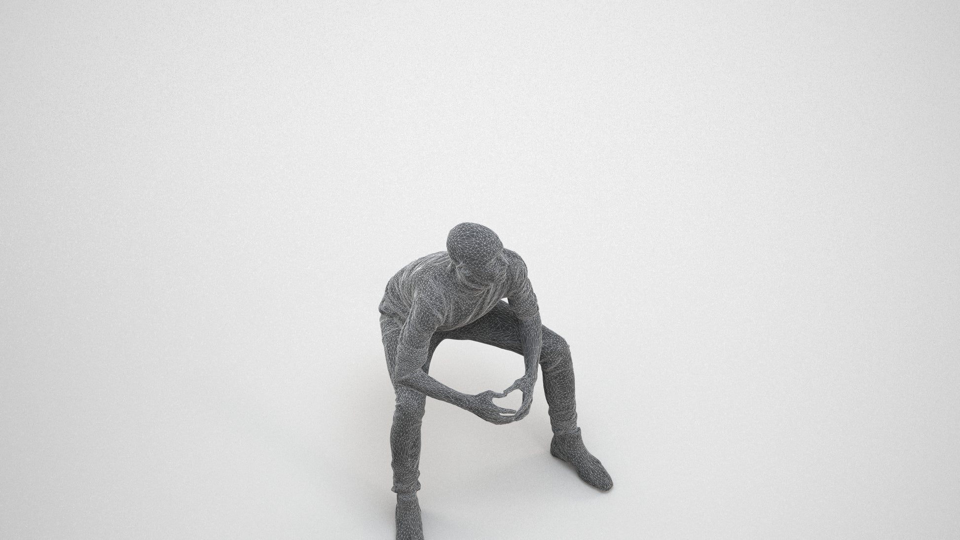realistic 3D human man casual sitting, archviz people FBX OBJ for Blender, wireframe three-quarter view