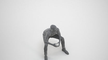 realistic 3D human man casual sitting, archviz people FBX OBJ for Blender, wireframe three-quarter view