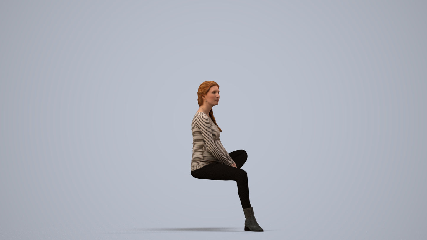 realistic 3D woman casual sitting, scanned archviz people for Blender and 3ds Max, side view render