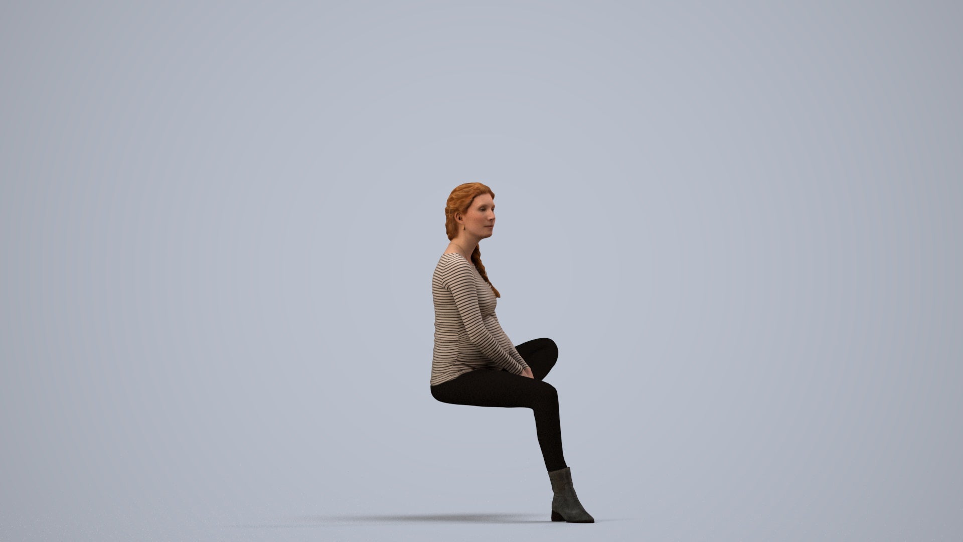 realistic 3D woman casual sitting, scanned archviz people for Blender and 3ds Max, side view render