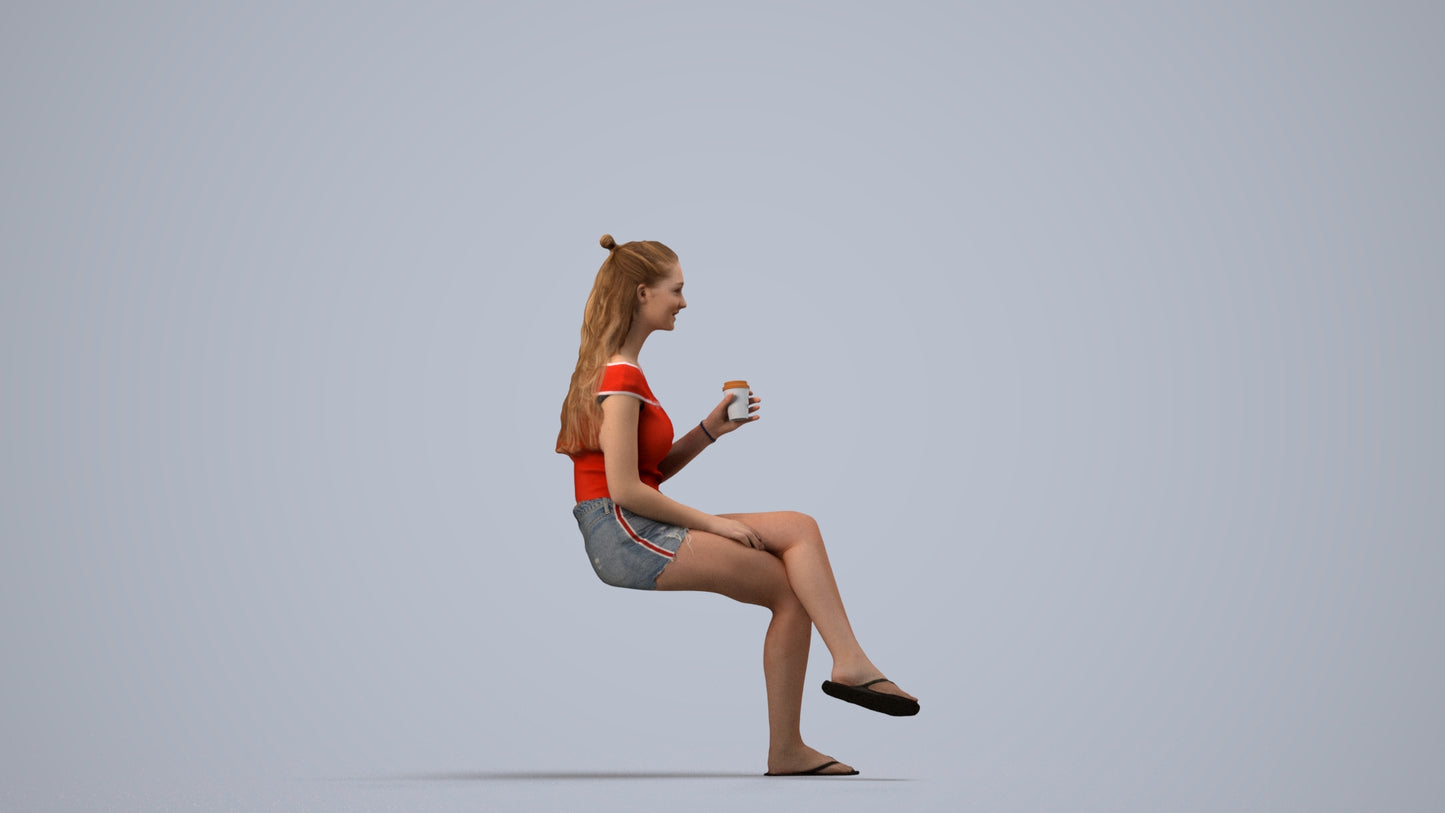 realistic 3D people girl casual sitting, render-ready for V-Ray and Corona, FBX OBJ, side view render