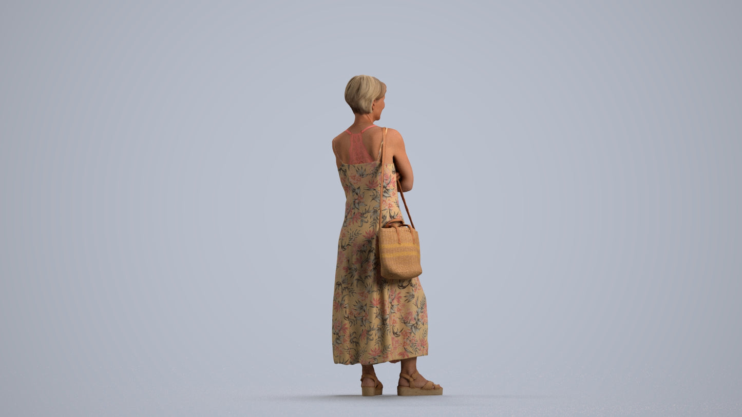 3D human model senior woman standing, photogrammetry scanned person for archviz, front view render
