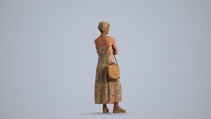 3D human model senior woman standing, photogrammetry scanned person for archviz, front view render
