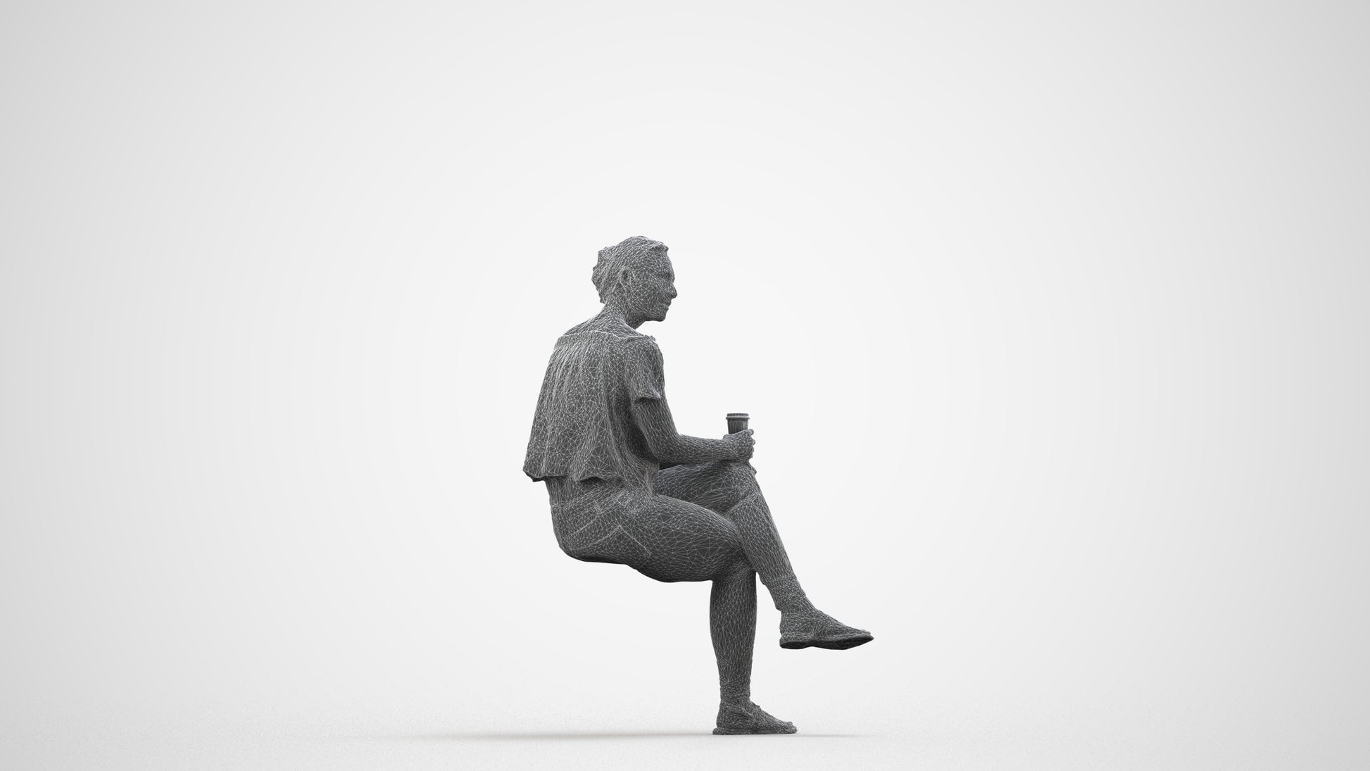 3D people model woman casual sitting, scanned human for 3ds Max rendering, wireframe side view