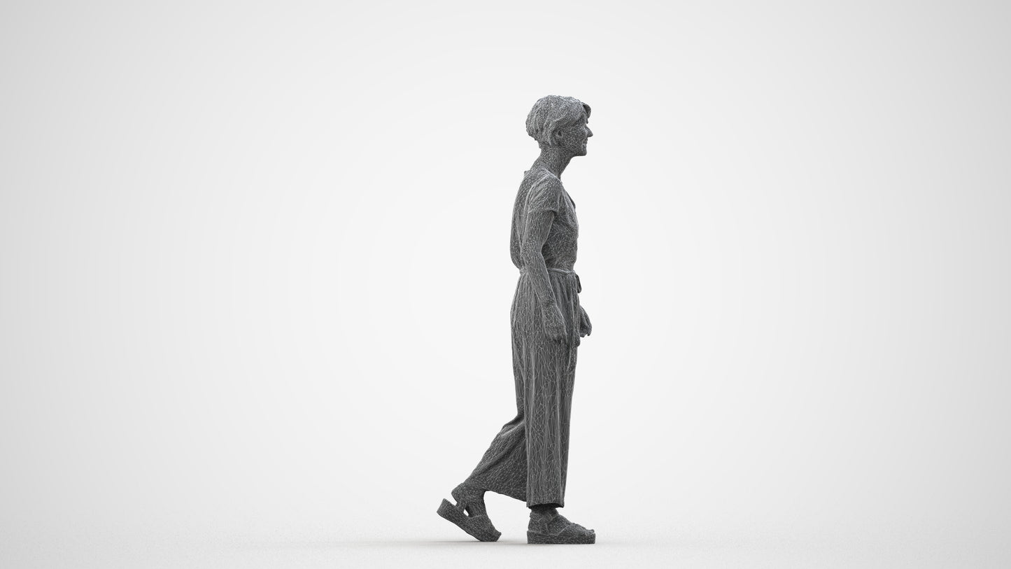 3D human model senior woman casual walking, photogrammetry scanned person for archviz, wireframe side view