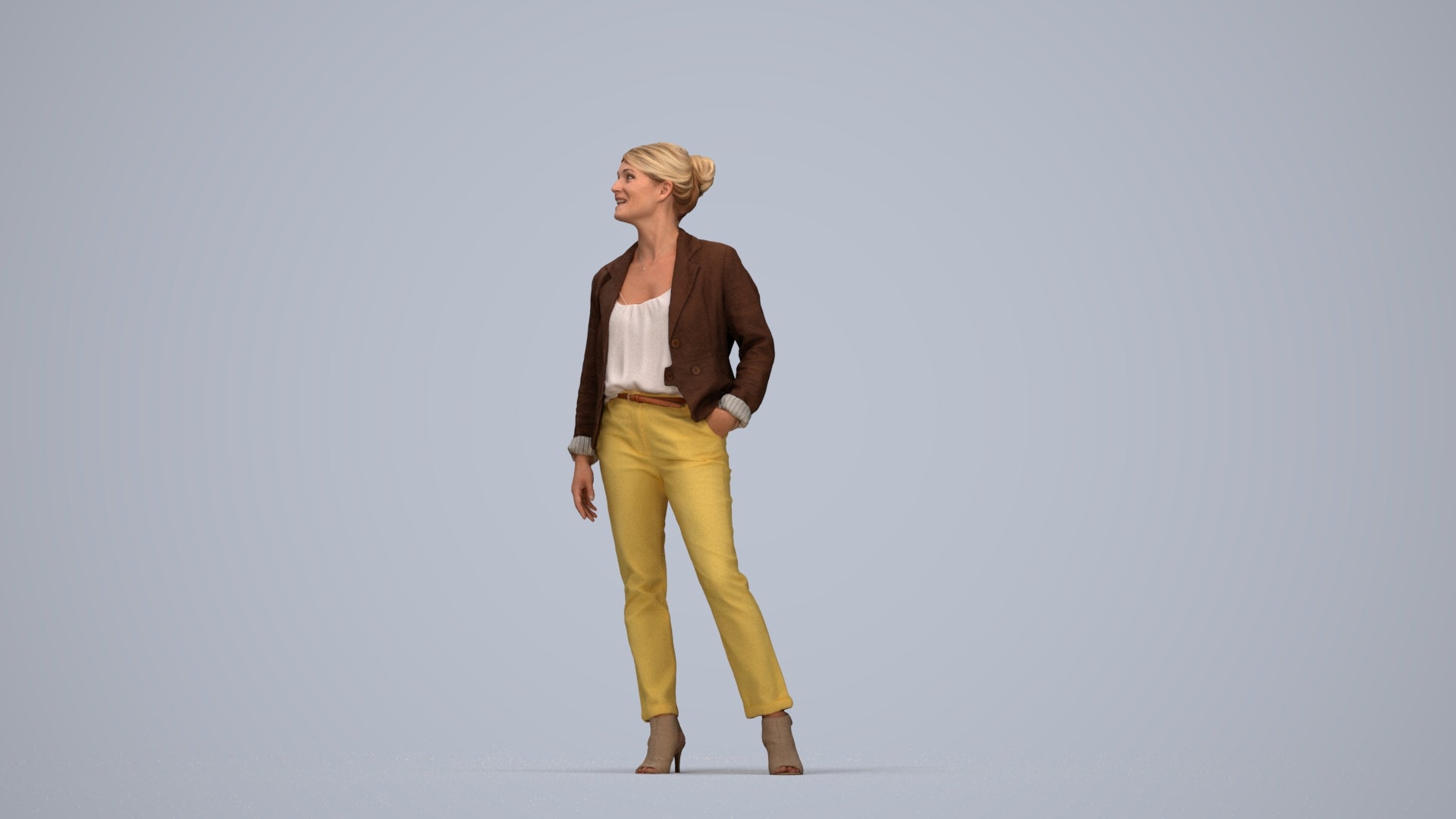 realistic 3D woman business standing, scanned archviz people for Blender and 3ds Max, top-down view render