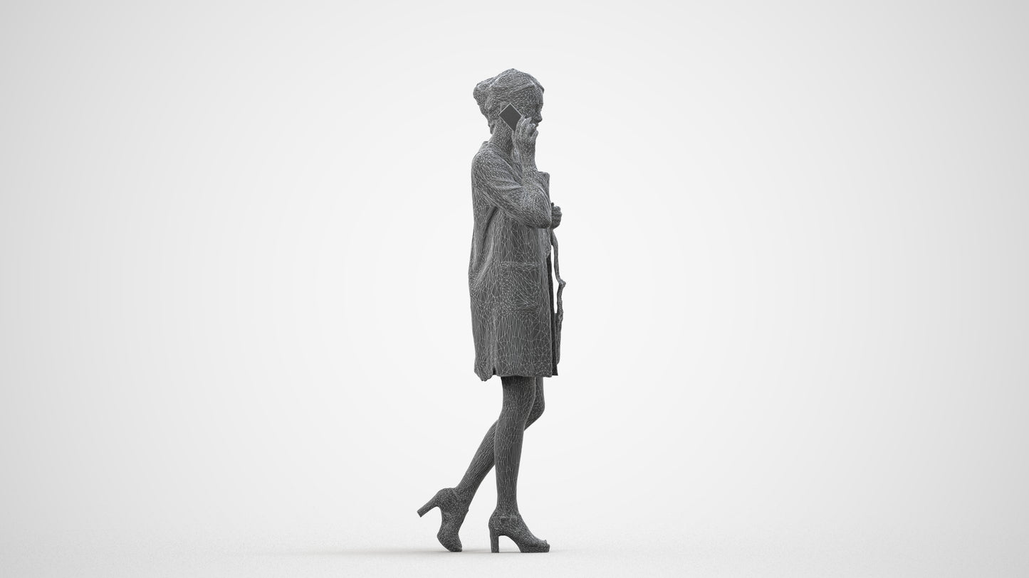 3D scanned woman walking business, photorealistic archviz people for Enscape and SketchUp, wireframe side view