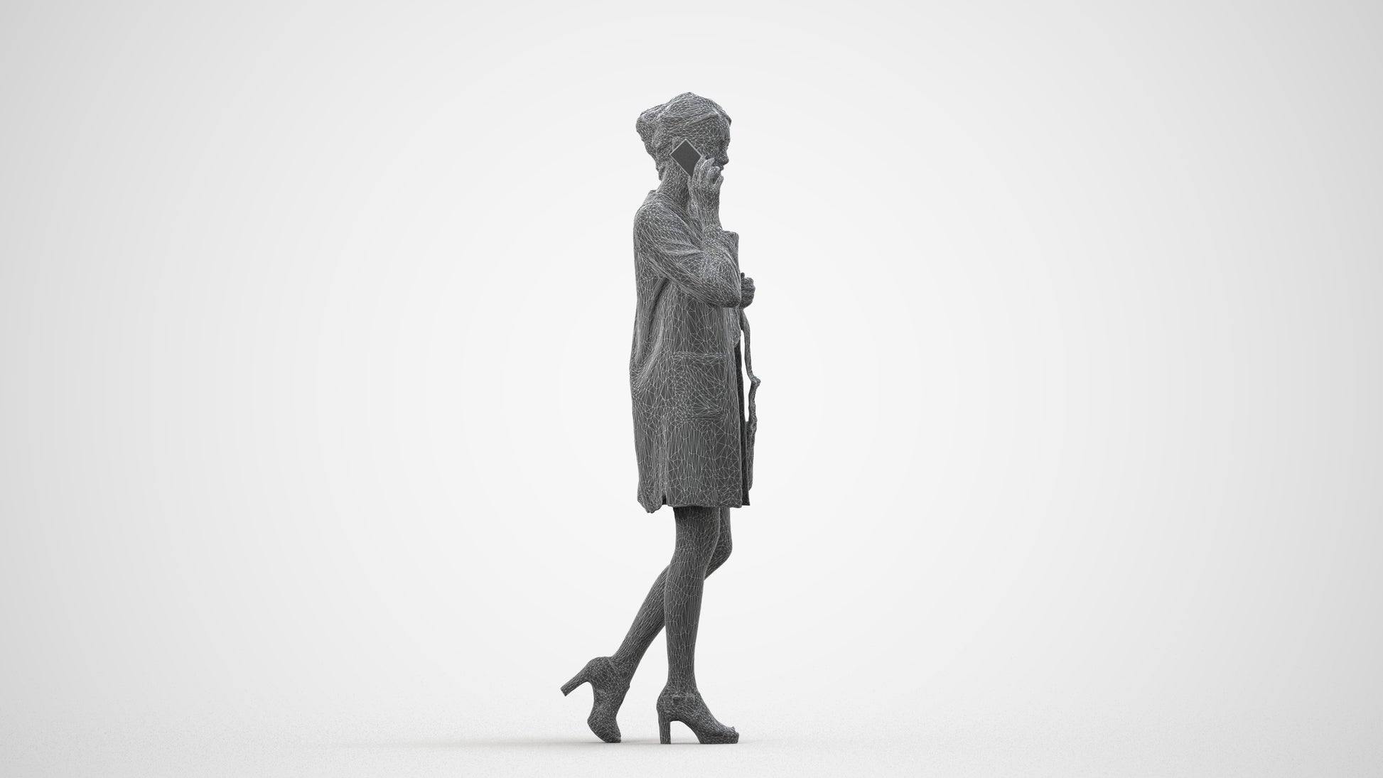 3D scanned woman walking business, photorealistic archviz people for Enscape and SketchUp, wireframe side view