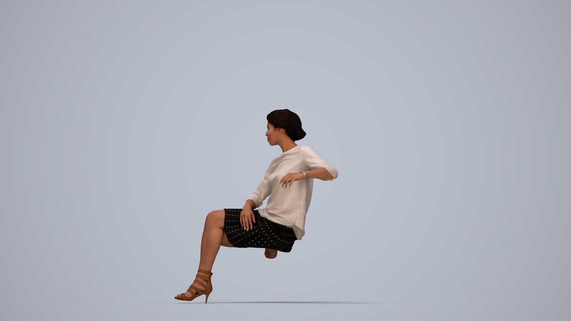 3D scanned woman sitting casual, photorealistic archviz people for Enscape and SketchUp, top-down view render