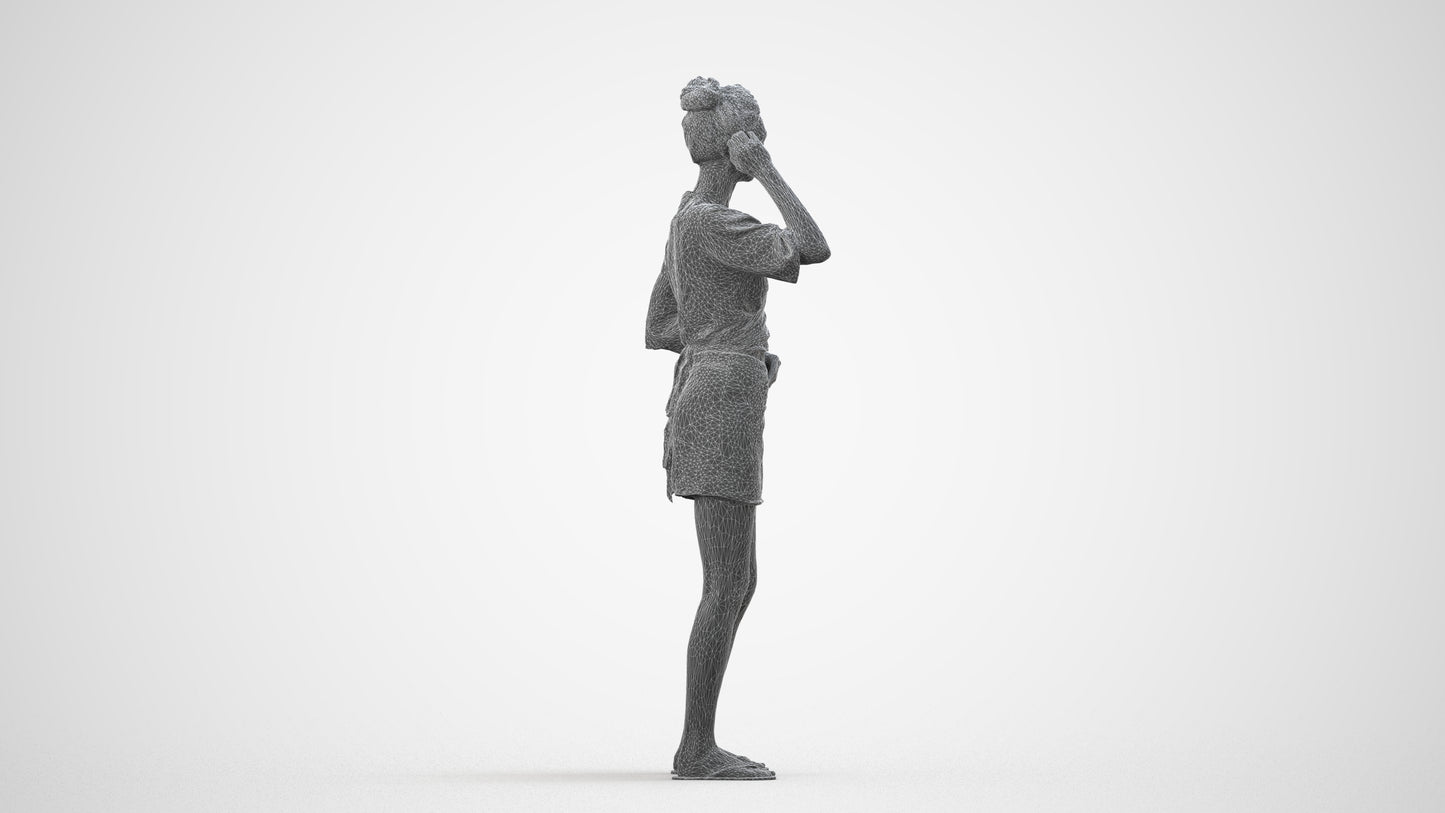 3D human model woman casual standing, photogrammetry scanned person for archviz, wireframe side view