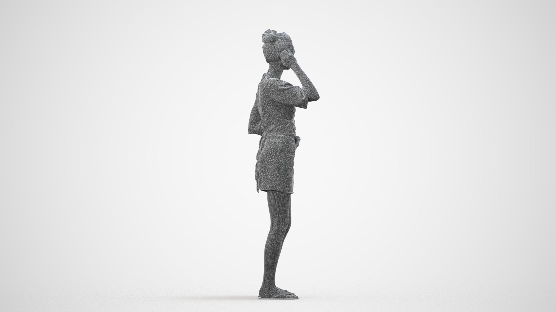 3D human model woman casual standing, photogrammetry scanned person for archviz, wireframe side view