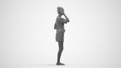 3D human model woman casual standing, photogrammetry scanned person for archviz, wireframe side view