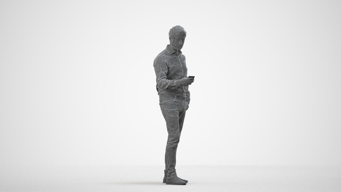 3D scanned man standing business, photorealistic archviz people for Enscape and SketchUp, wireframe side view