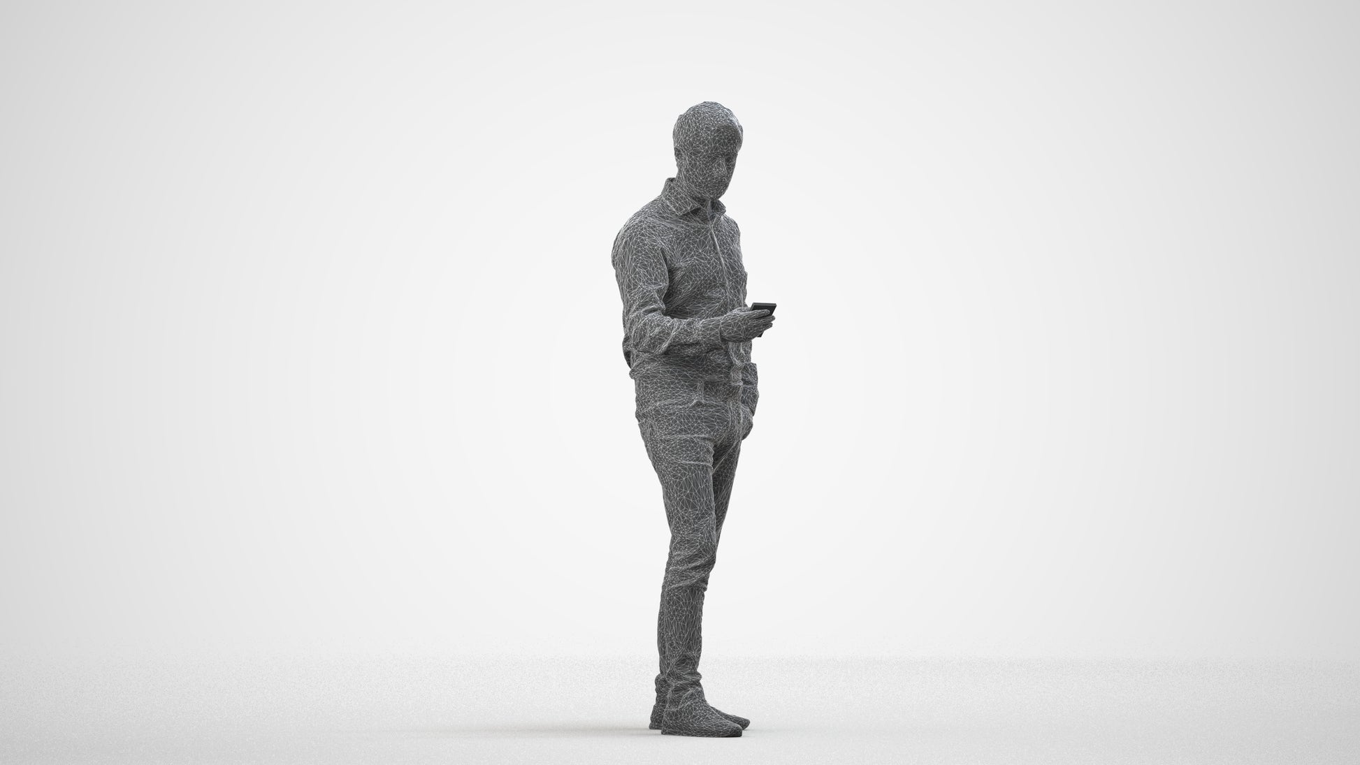 3D scanned man standing business, photorealistic archviz people for Enscape and SketchUp, wireframe side view