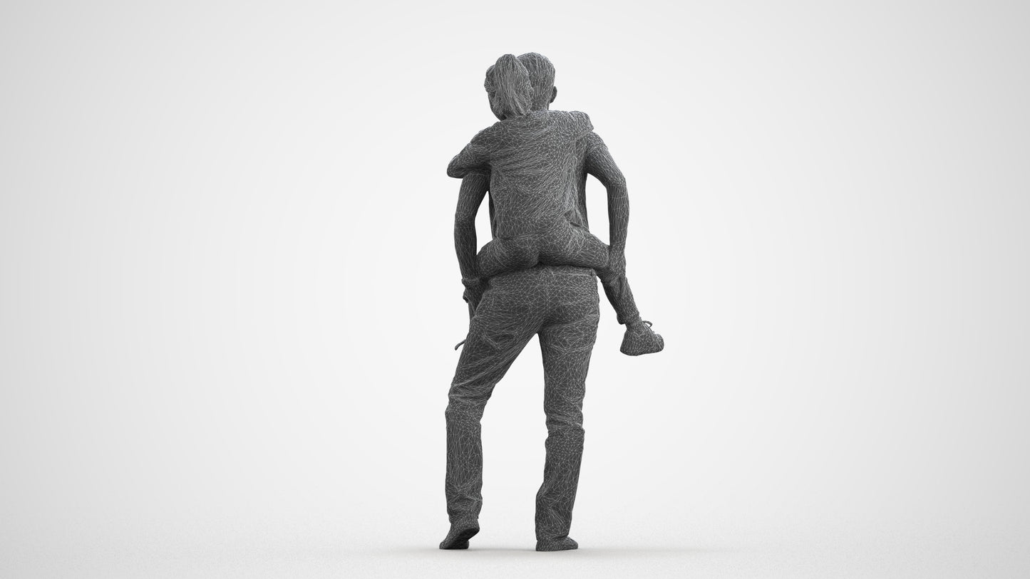 3D scanned girl kids casual, photorealistic archviz people for Enscape and SketchUp, wireframe front view