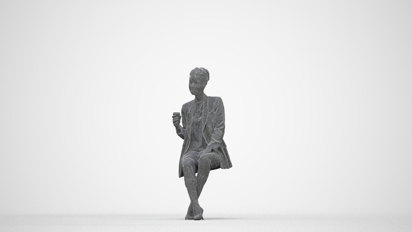 3D scanned woman sitting business, photorealistic archviz people for Enscape and SketchUp, wireframe back view