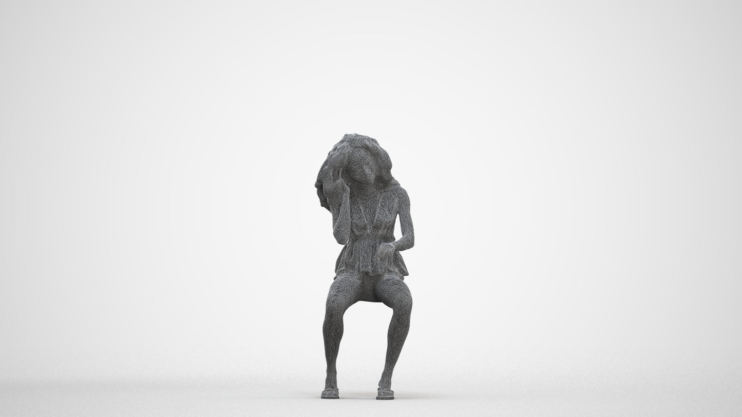 scanned 3D woman casual sitting, photogrammetry people for Enscape and V-Ray, three-quarter front view render