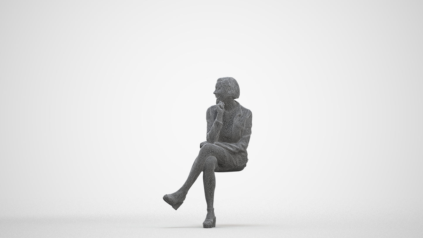 3D scanned woman sitting casual, photorealistic archviz people for Enscape and SketchUp, three-quarter front view render