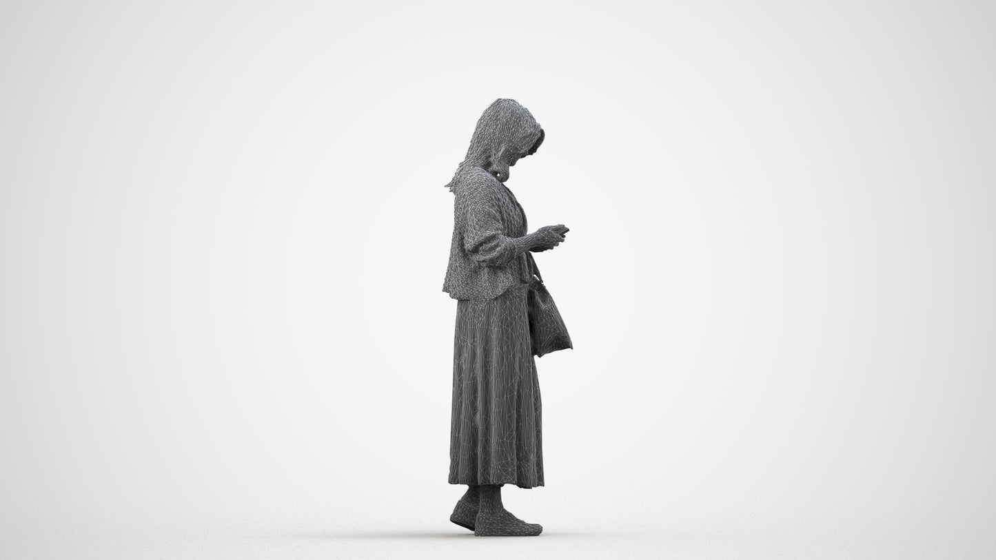 realistic 3D people woman casual standing, render-ready for V-Ray and Corona, FBX OBJ, wireframe side view