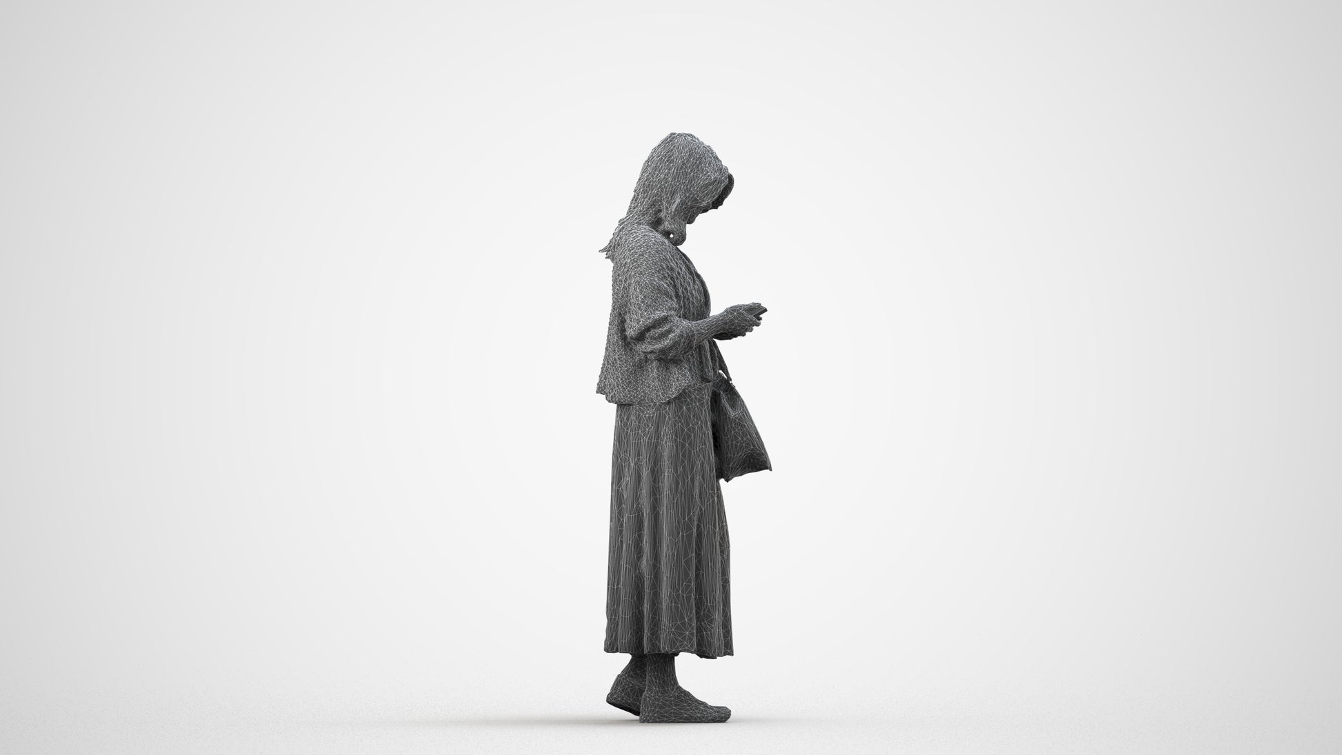 realistic 3D people woman casual standing, render-ready for V-Ray and Corona, FBX OBJ, wireframe side view