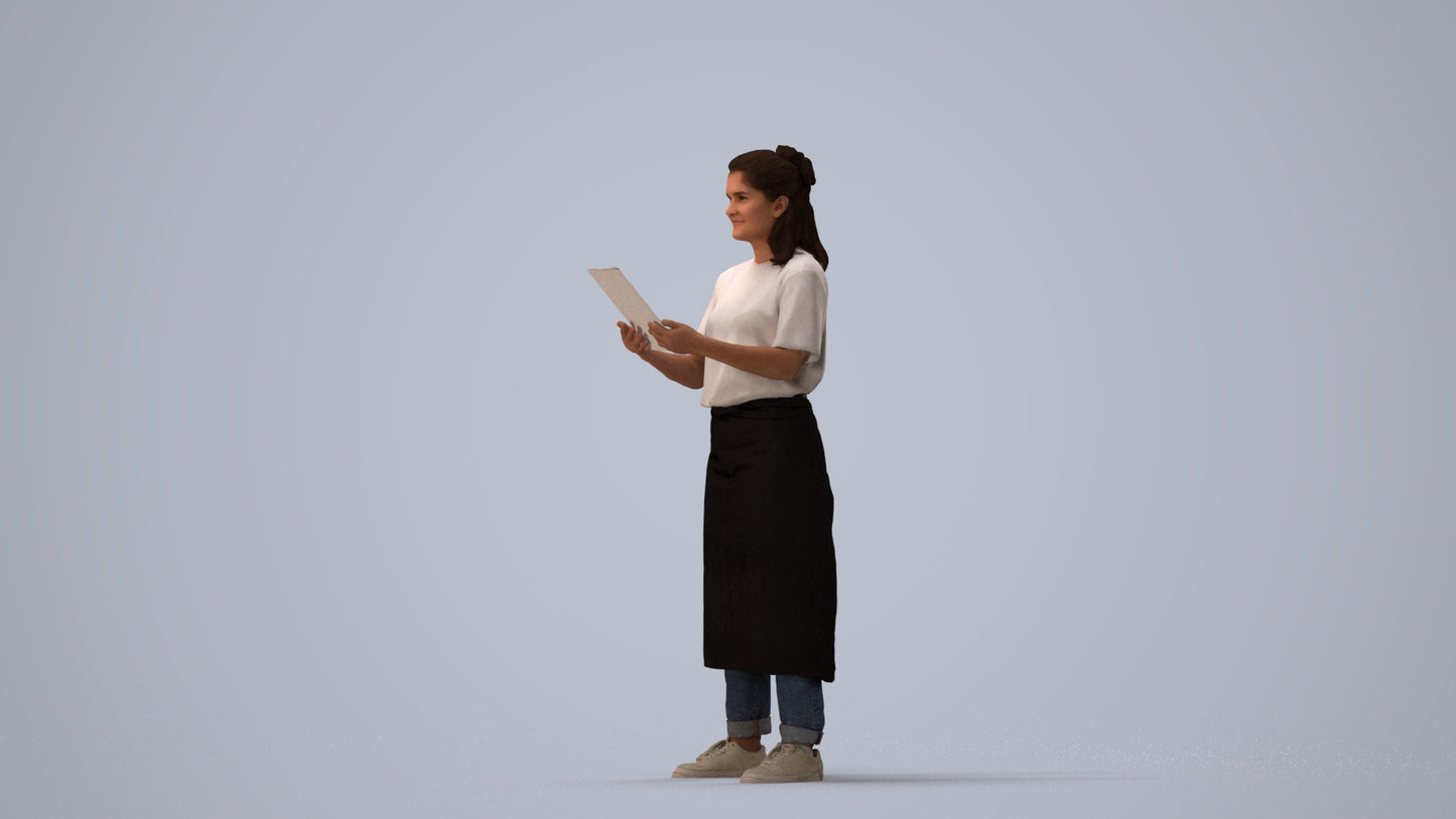 realistic 3D people woman hospitality, render-ready for V-Ray and Corona, FBX OBJ, three-quarter view render