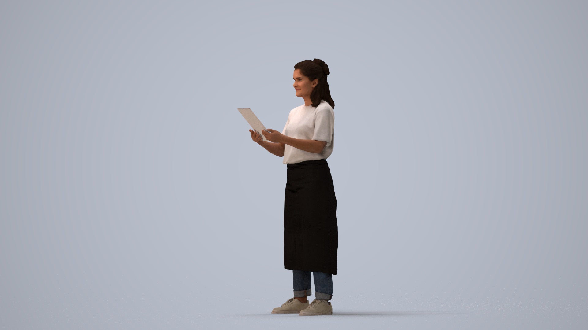 realistic 3D people woman hospitality, render-ready for V-Ray and Corona, FBX OBJ, three-quarter view render