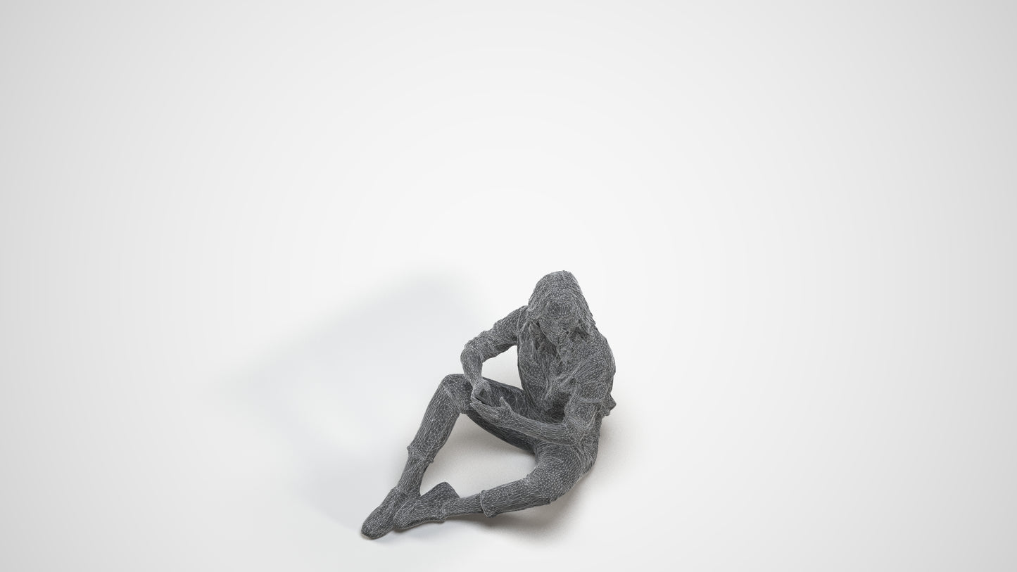 3D human model woman casual sitting, photogrammetry scanned person for archviz, wireframe three-quarter view