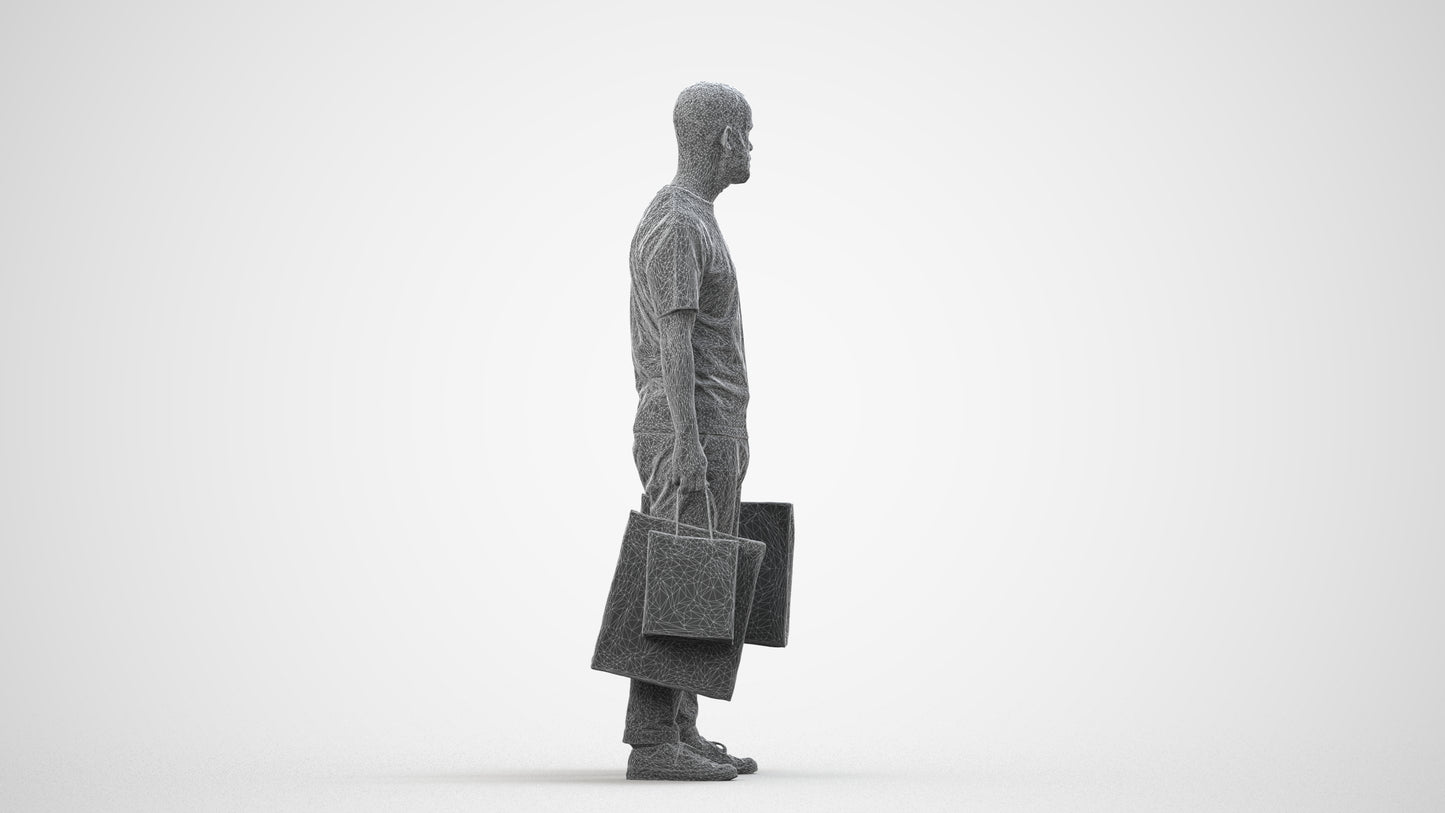 3D people model man casual shopping, scanned human for 3ds Max rendering, wireframe side view