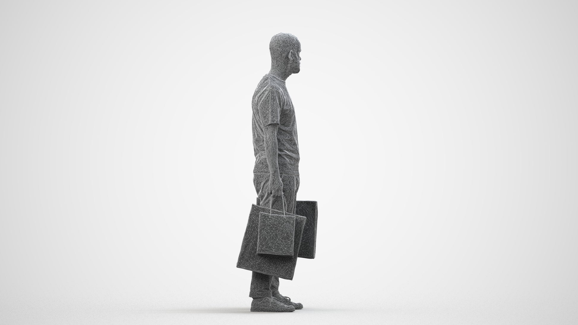 3D people model man casual shopping, scanned human for 3ds Max rendering, wireframe side view